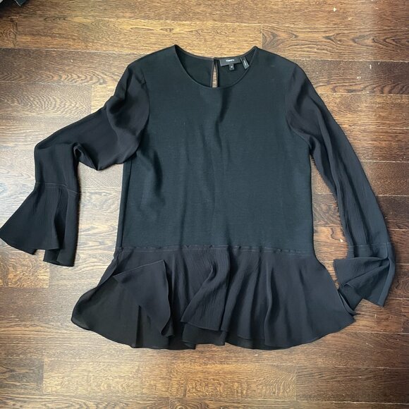 Theory Black Lexanda C Idol Bell-Sleeve Peplum Top Woo/Silk-Medium - Picture 2 of 9